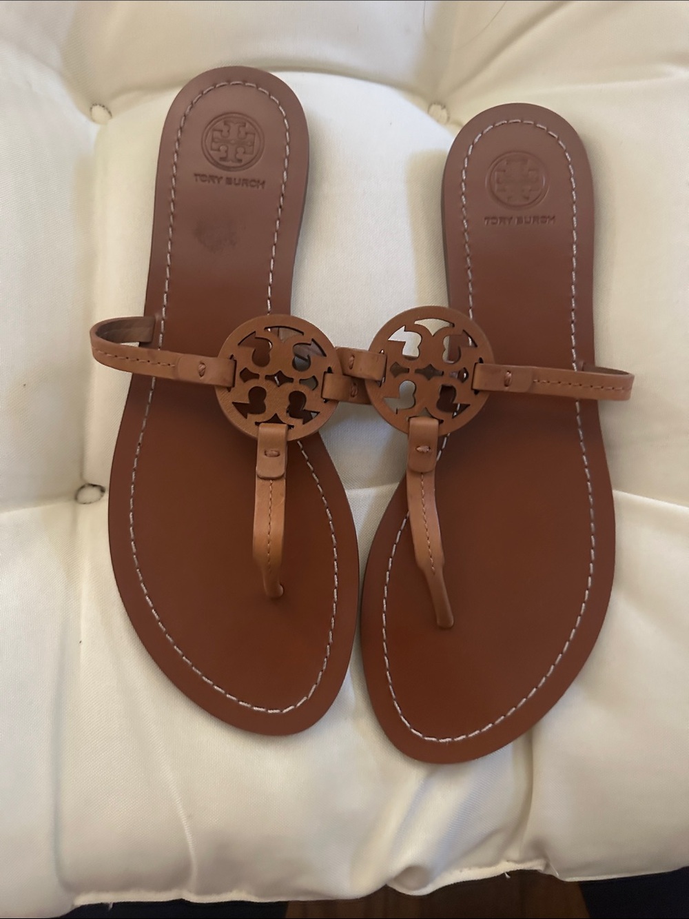 Tory Burch Cognac Leather Logo Thong Sandals